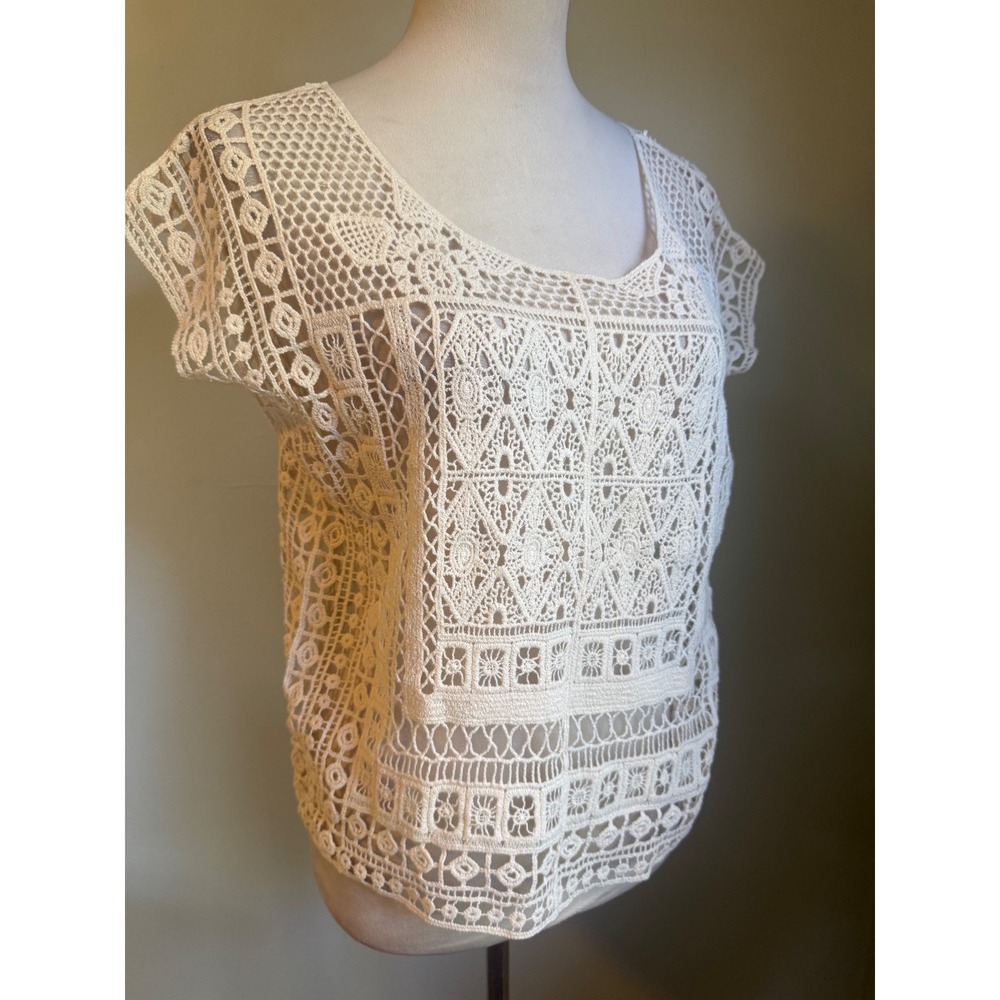 XS Ivory Cotton Crochet Lace Boho Short Sleeve Top boho whimsi dainty cottage y2